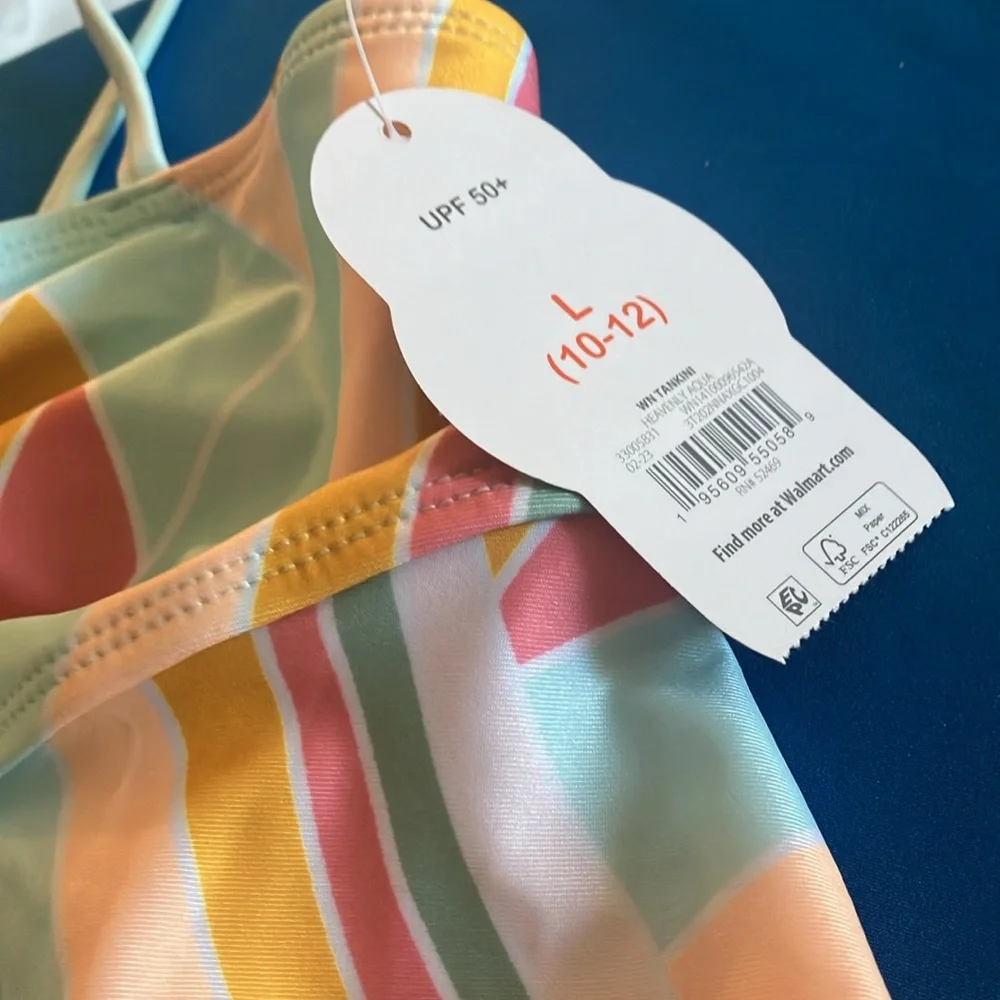 Girls Wonder nation Colorful Striped Swimsuit top large 10/12 NWT